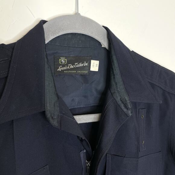 Vintage Louis The Tailor Shorts Sleeve Zip Up Button Shirt Mens 16 1/2 34 Navy - Picture 5 of 7